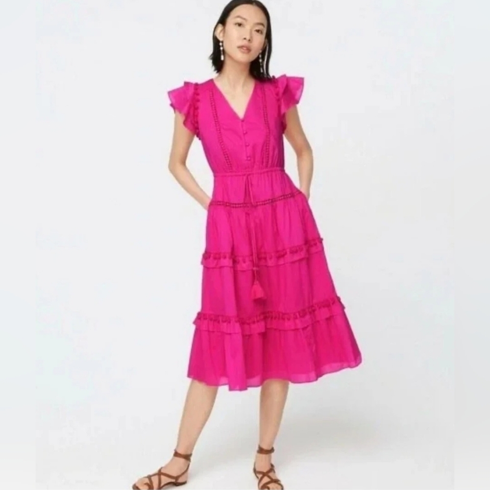 J. Crew Point Sur Pom Pom Flutter Sleeve Midi Dress Flamingo Pink sz 12P